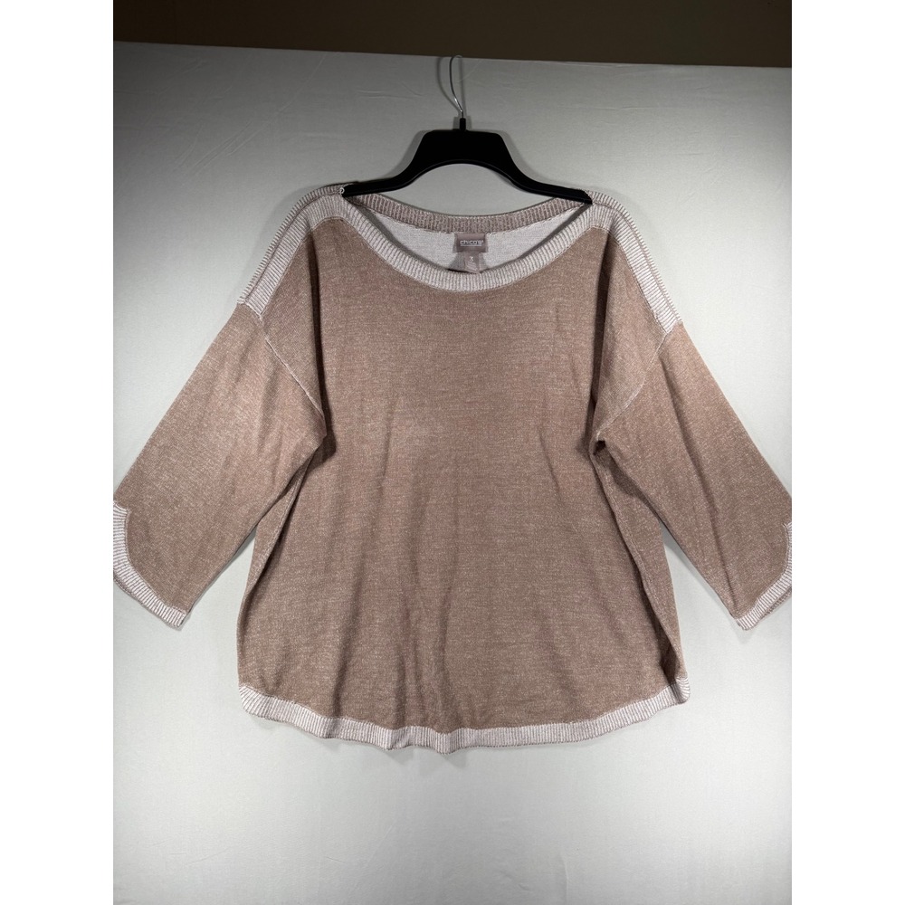 Chicos Metallic Knit Sweater Tan Taupe 3/4 Sleeve Boat Neck Size 3 Large XL